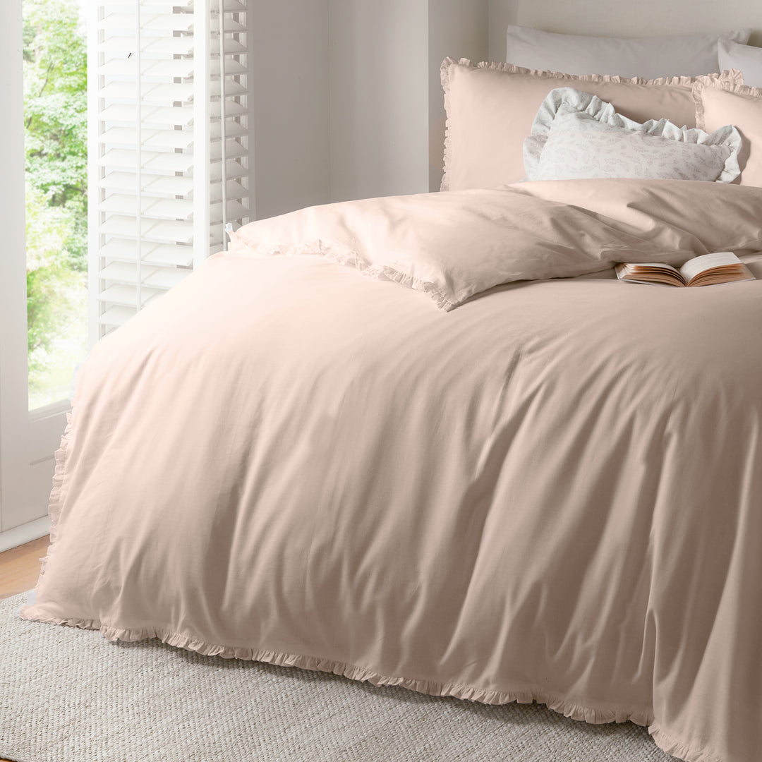 Riva Tilly 100% Cotton Ruffle Duvet Cover Set Blush Pink Super King