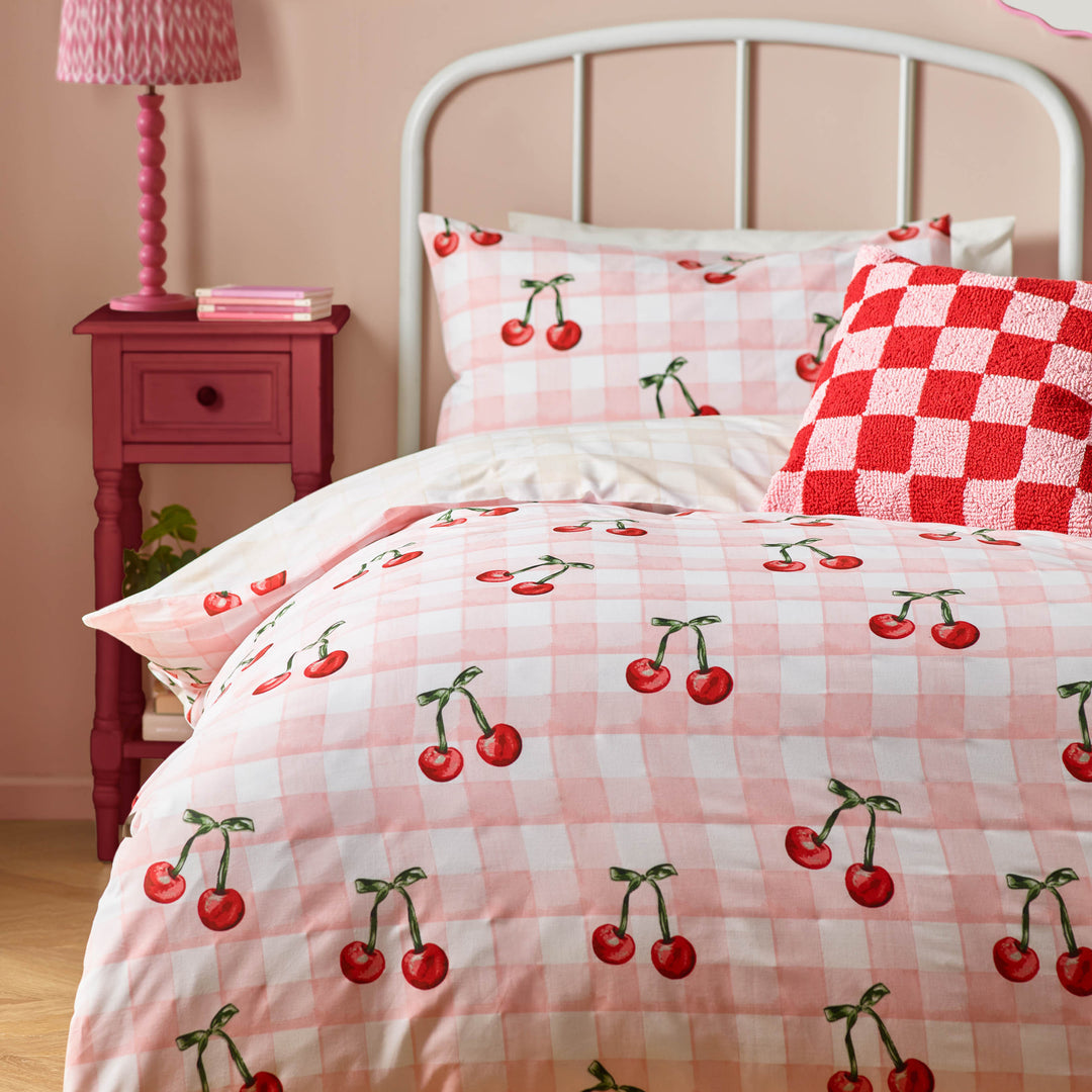 Riva Cherry Gingham Printed Duvet Cover Set Pink