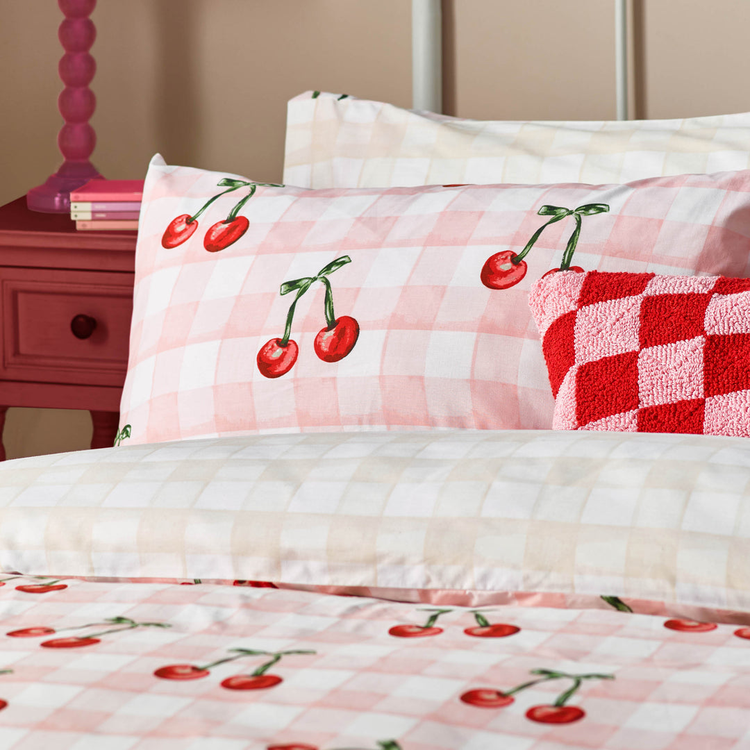 Riva Cherry Gingham Printed Duvet Cover Set Pink