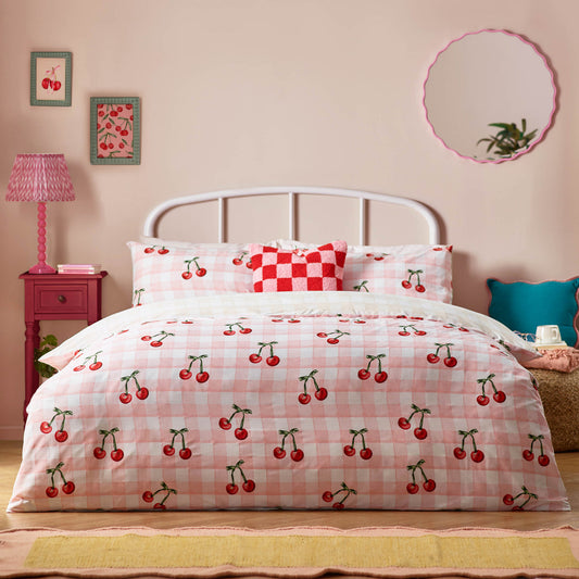 Riva Cherry Gingham Printed Duvet Cover Set Pink